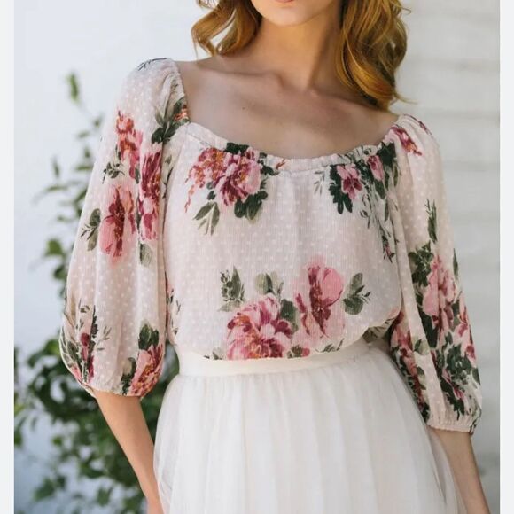 Lush Tops - Lush Womens Size M Puff Sleeves Floral Cropped  Off Shoulder Lined